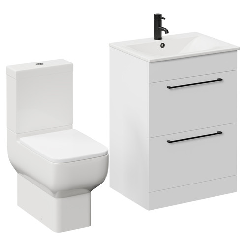 Napoli Gloss White 600mm Vanity Unit and Toilet Suite including Tacoma Close Coupled Toilet and Floor Standing Vanity Unit with 2 Drawers and Matt Black Handles Left Hand View