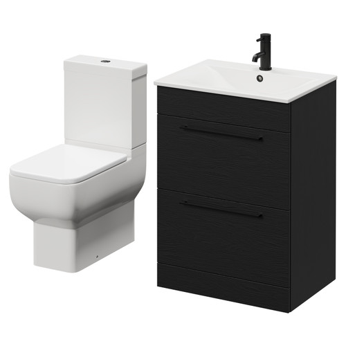 Napoli Nero Oak 600mm Vanity Unit and Toilet Suite including Tacoma Close Coupled Toilet and Floor Standing Vanity Unit with 2 Drawers and Matt Black Handles Right Hand View