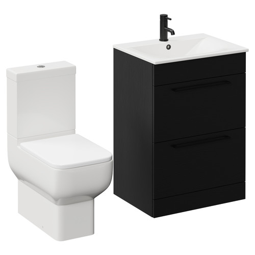 Napoli Nero Oak 600mm Vanity Unit and Toilet Suite including Tacoma Close Coupled Toilet and Floor Standing Vanity Unit with 2 Drawers and Matt Black Handles Left Hand View