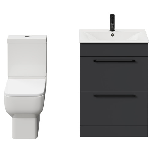 Napoli Gloss Grey 600mm Vanity Unit and Toilet Suite including Tacoma Close Coupled Toilet and Floor Standing Vanity Unit with 2 Doors and Matt Black Handles View from Front