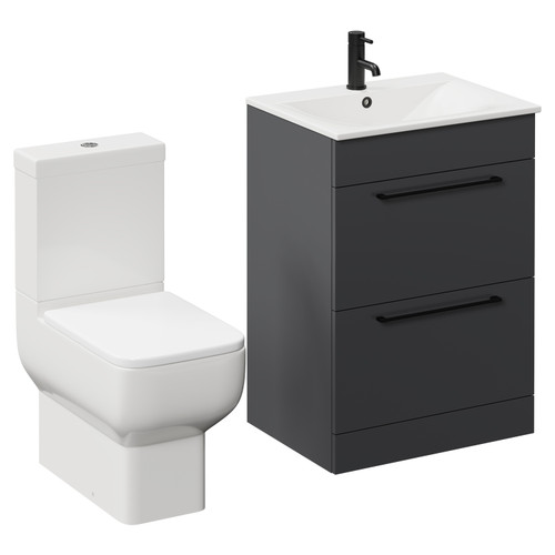 Napoli Gloss Grey 600mm Vanity Unit and Toilet Suite including Tacoma Close Coupled Toilet and Floor Standing Vanity Unit with 2 Doors and Matt Black Handles Left Hand View