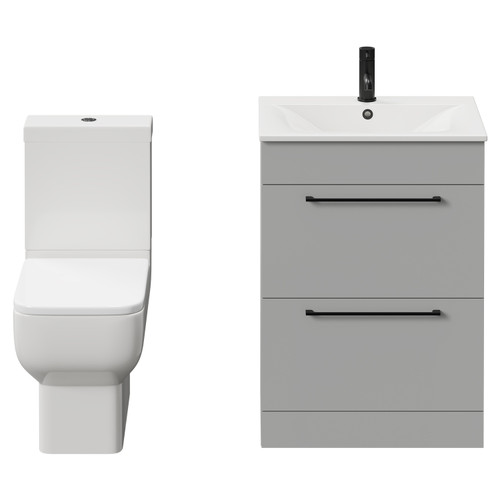 Napoli Gloss Grey Pearl 600mm Vanity Unit and Toilet Suite including Tacoma Close Coupled Toilet and Floor Standing Vanity Unit with 2 Doors and Matt Black Handles View from Front