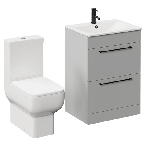 Napoli Gloss Grey Pearl 600mm Vanity Unit and Toilet Suite including Tacoma Close Coupled Toilet and Floor Standing Vanity Unit with 2 Doors and Matt Black Handles Left Hand View