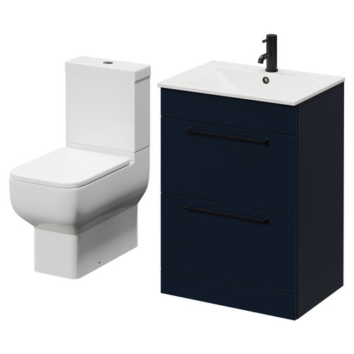 Napoli Deep Blue 600mm Vanity Unit and Toilet Suite including Tacoma Close Coupled Toilet and Floor Standing Vanity Unit with 2 Drawers and Matt Black Handles Right Hand View