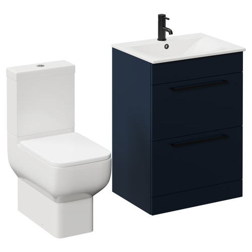 Napoli Deep Blue 600mm Vanity Unit and Toilet Suite including Tacoma Close Coupled Toilet and Floor Standing Vanity Unit with 2 Drawers and Matt Black Handles Left Hand View