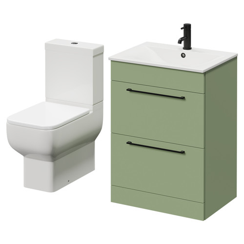 Napoli Olive Green 600mm Vanity Unit and Toilet Suite including Tacoma Close Coupled Toilet and Floor Standing Vanity Unit with 2 Drawers and Matt Black Handles Right Hand View