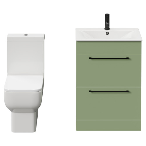 Napoli Olive Green 600mm Vanity Unit and Toilet Suite including Tacoma Close Coupled Toilet and Floor Standing Vanity Unit with 2 Drawers and Matt Black Handles View from Front