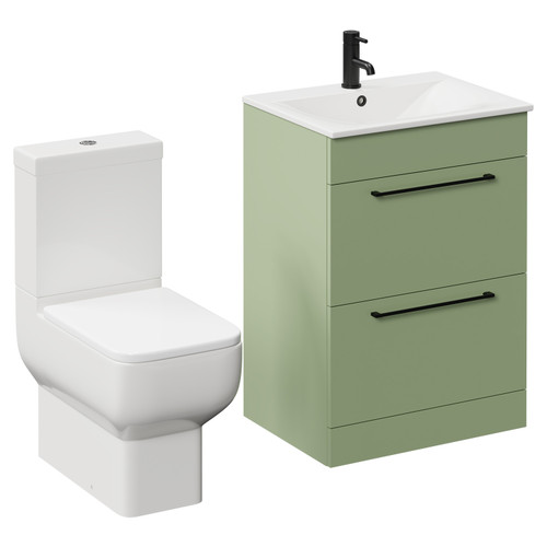 Napoli Olive Green 600mm Vanity Unit and Toilet Suite including Tacoma Close Coupled Toilet and Floor Standing Vanity Unit with 2 Drawers and Matt Black Handles Left Hand View