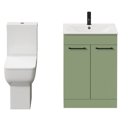 Napoli Olive Green 600mm Vanity Unit and Toilet Suite including Tacoma Comfort Height Toilet and Floor Standing Vanity Unit with 2 Doors and Matt Black Handles View from Front