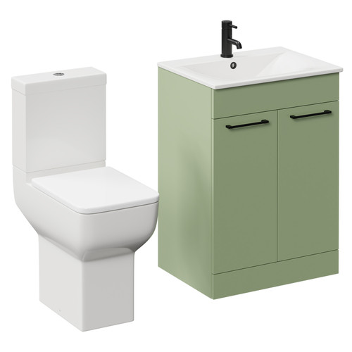 Napoli Olive Green 600mm Vanity Unit and Toilet Suite including Tacoma Comfort Height Toilet and Floor Standing Vanity Unit with 2 Doors and Matt Black Handles Left Hand View
