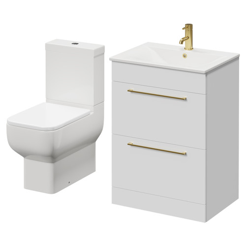 Napoli Gloss White 600mm Vanity Unit and Toilet Suite including Tacoma Close Coupled Toilet and Floor Standing Vanity Unit with 2 Drawers and Brushed Brass Handles Right Hand View