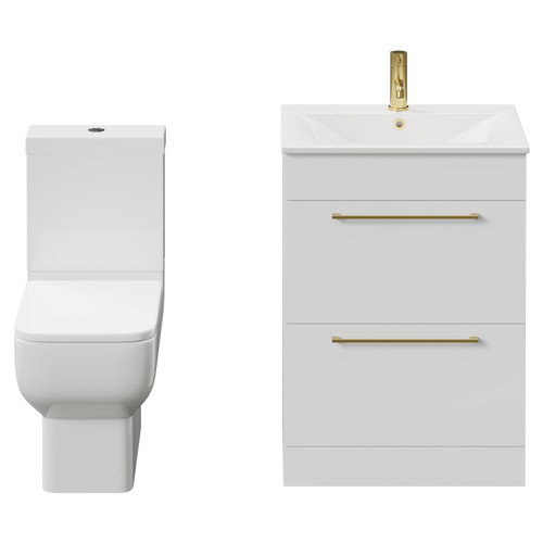 Napoli Gloss White 600mm Vanity Unit and Toilet Suite including Tacoma Close Coupled Toilet and Floor Standing Vanity Unit with 2 Drawers and Brushed Brass Handles View from Front