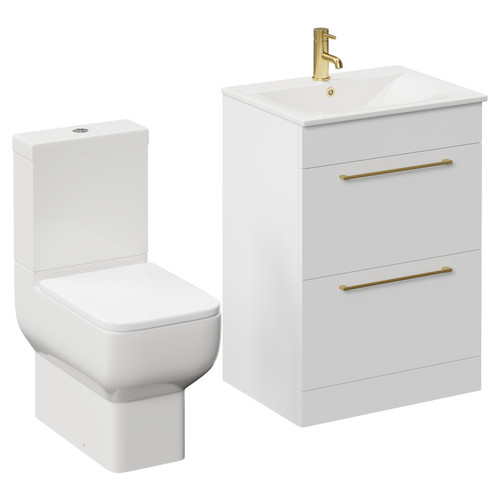 Napoli Gloss White 600mm Vanity Unit and Toilet Suite including Tacoma Close Coupled Toilet and Floor Standing Vanity Unit with 2 Drawers and Brushed Brass Handles Left Hand View