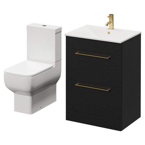 Napoli Nero Oak 600mm Vanity Unit and Toilet Suite including Tacoma Close Coupled Toilet and Floor Standing Vanity Unit with 2 Drawers and Brushed Brass Handles Right Hand View