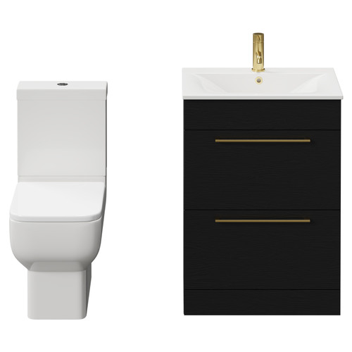 Napoli Nero Oak 600mm Vanity Unit and Toilet Suite including Tacoma Close Coupled Toilet and Floor Standing Vanity Unit with 2 Drawers and Brushed Brass Handles View from Front
