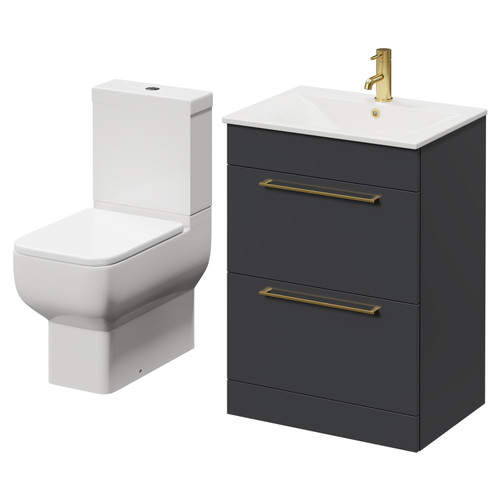 Napoli Gloss Grey 600mm Vanity Unit and Toilet Suite including Tacoma Close Coupled Toilet and Floor Standing Vanity Unit with 2 Doors and Brushed Brass Handles Right Hand View