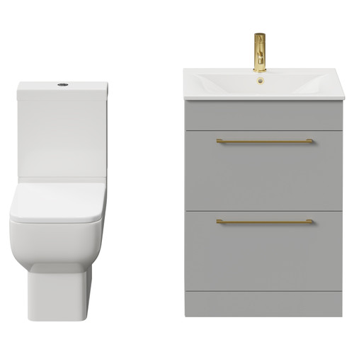 Napoli Gloss Grey Pearl 600mm Vanity Unit and Toilet Suite including Tacoma Close Coupled Toilet and Floor Standing Vanity Unit with 2 Doors and Brushed Brass Handles View from Front