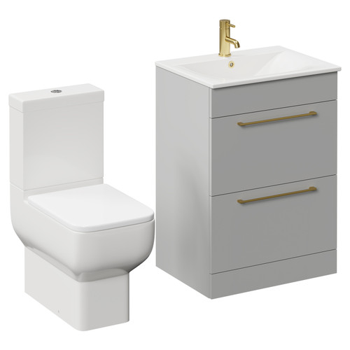 Napoli Gloss Grey Pearl 600mm Vanity Unit and Toilet Suite including Tacoma Close Coupled Toilet and Floor Standing Vanity Unit with 2 Doors and Brushed Brass Handles Left Hand View