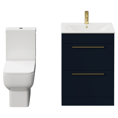 Napoli Deep Blue 600mm Vanity Unit and Toilet Suite including Tacoma Close Coupled Toilet and Floor Standing Vanity Unit with 2 Drawers and Brushed Brass Handles View from Front