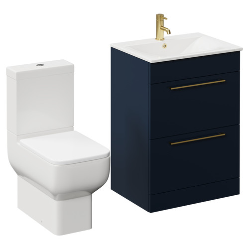 Napoli Deep Blue 600mm Vanity Unit and Toilet Suite including Tacoma Close Coupled Toilet and Floor Standing Vanity Unit with 2 Drawers and Brushed Brass Handles Left Hand View