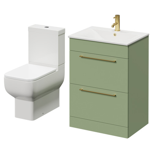 Napoli Olive Green 600mm Vanity Unit and Toilet Suite including Tacoma Close Coupled Toilet and Floor Standing Vanity Unit with 2 Drawers and Brushed Brass Handles Right Hand View