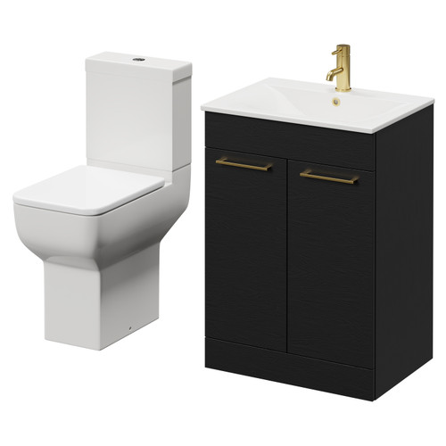 Napoli Nero Oak 600mm Vanity Unit and Toilet Suite including Tacoma Comfort Height Toilet and Floor Standing Vanity Unit with 2 Doors and Brushed Brass Handles Right Hand View
