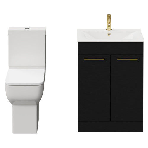 Napoli Nero Oak 600mm Vanity Unit and Toilet Suite including Tacoma Comfort Height Toilet and Floor Standing Vanity Unit with 2 Doors and Brushed Brass Handles View from Front