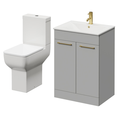 Napoli Gloss Grey Pearl 600mm Vanity Unit and Toilet Suite including Tacoma Comfort Height Toilet and Floor Standing Vanity Unit with 2 Drawers and Brushed Brass Handles Right Hand View