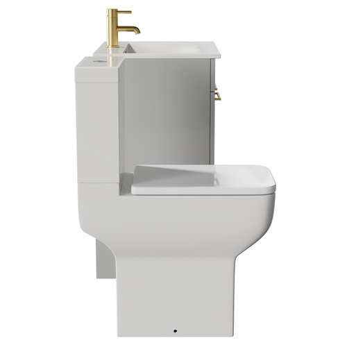 Napoli Gloss Grey Pearl 600mm Vanity Unit and Toilet Suite including Tacoma Comfort Height Toilet and Floor Standing Vanity Unit with 2 Drawers and Brushed Brass Handles View from Side