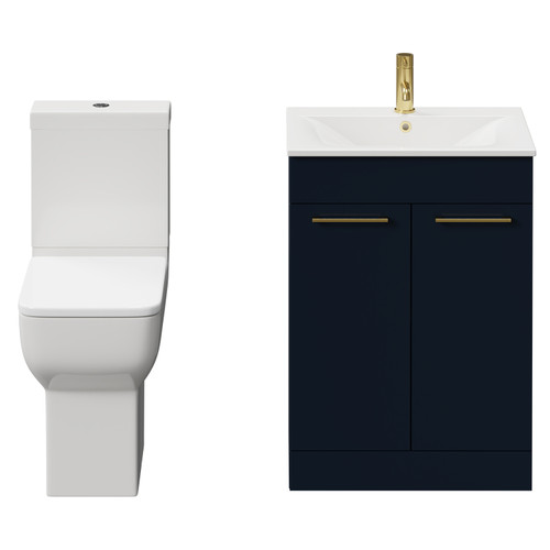 Napoli Deep Blue 600mm Vanity Unit and Toilet Suite including Tacoma Comfort Height Toilet and Floor Standing Vanity Unit with 2 Doors and Brushed Brass Handles View from Front