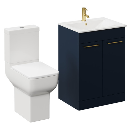 Napoli Deep Blue 600mm Vanity Unit and Toilet Suite including Tacoma Comfort Height Toilet and Floor Standing Vanity Unit with 2 Doors and Brushed Brass Handles Left Hand View