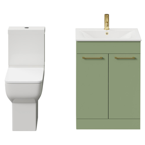 Napoli Olive Green 600mm Vanity Unit and Toilet Suite including Tacoma Comfort Height Toilet and Floor Standing Vanity Unit with 2 Doors and Brushed Brass Handles View from Front