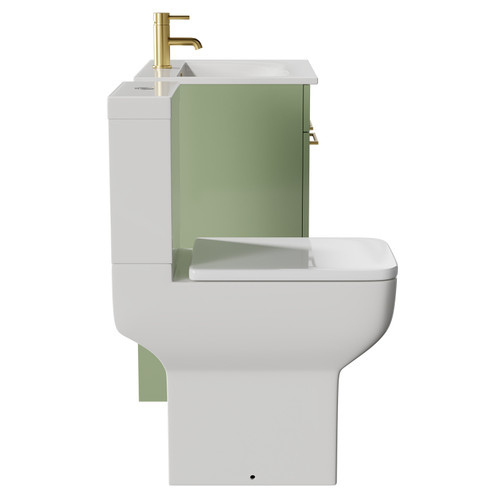 Napoli Olive Green 600mm Vanity Unit and Toilet Suite including Tacoma Comfort Height Toilet and Floor Standing Vanity Unit with 2 Doors and Brushed Brass Handles View from Side