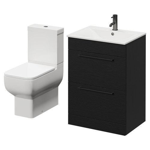 Napoli Nero Oak 600mm Vanity Unit and Toilet Suite including Tacoma Close Coupled Toilet and Floor Standing Vanity Unit with 2 Drawers and Gunmetal Grey Handles Right Hand View