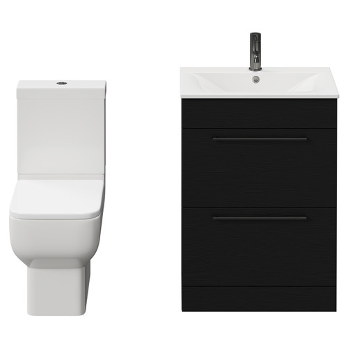 Napoli Nero Oak 600mm Vanity Unit and Toilet Suite including Tacoma Close Coupled Toilet and Floor Standing Vanity Unit with 2 Drawers and Gunmetal Grey Handles View from Front