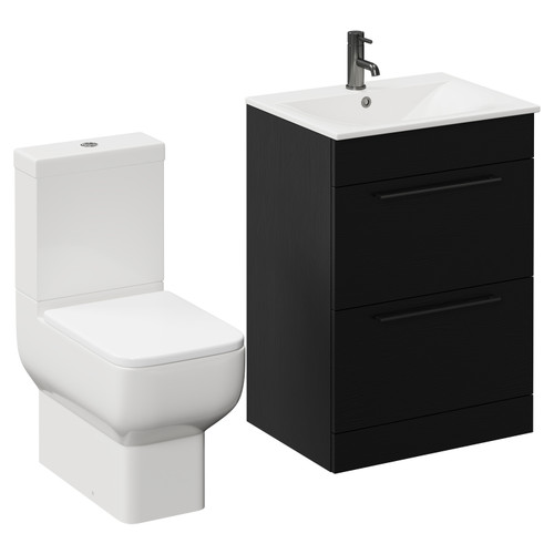 Napoli Nero Oak 600mm Vanity Unit and Toilet Suite including Tacoma Close Coupled Toilet and Floor Standing Vanity Unit with 2 Drawers and Gunmetal Grey Handles Left Hand View