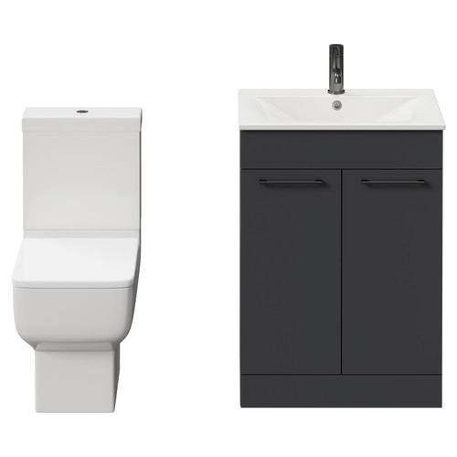 Napoli Gloss Grey 600mm Vanity Unit and Toilet Suite including Tacoma Close Coupled Toilet and Floor Standing Vanity Unit with 2 Doors and Gunmetal Grey Handles View from Front