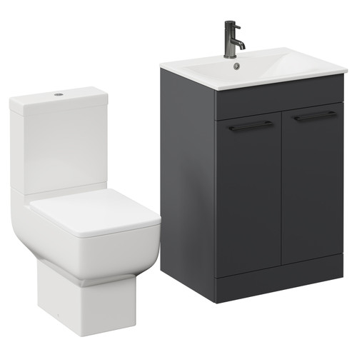 Napoli Gloss Grey 600mm Vanity Unit and Toilet Suite including Tacoma Close Coupled Toilet and Floor Standing Vanity Unit with 2 Doors and Gunmetal Grey Handles Left Hand View