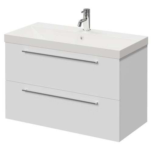 Napoli Gloss White 800mm Wall Mounted Vanity Unit with 1 Tap Hole Slim Edge Basin and 2 Drawers with Chrome Handles Right Hand View