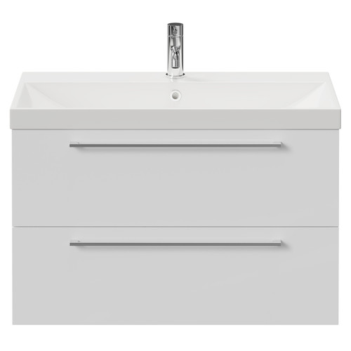 Napoli Gloss White 800mm Wall Mounted Vanity Unit with 1 Tap Hole Slim Edge Basin and 2 Drawers with Chrome Handles View from Front