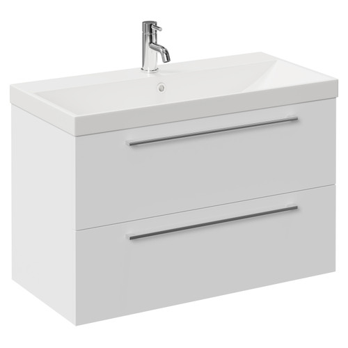 Napoli Gloss White 800mm Wall Mounted Vanity Unit with 1 Tap Hole Slim Edge Basin and 2 Drawers with Chrome Handles Left Hand View