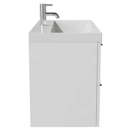 Napoli Gloss White 800mm Wall Mounted Vanity Unit with 1 Tap Hole Slim Edge Basin and 2 Drawers with Chrome Handles View from Side