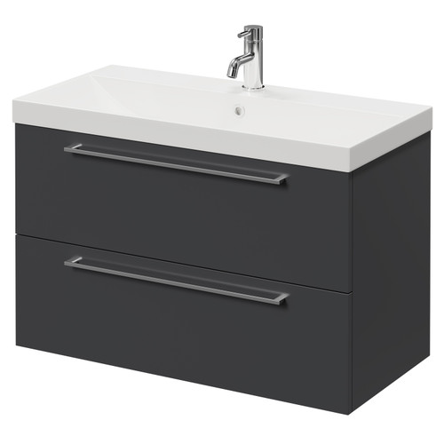 Napoli Gloss Grey 800mm Wall Mounted Vanity Unit with 1 Tap Hole Slim Edge Basin and 2 Drawers with Chrome Handles Right Hand View
