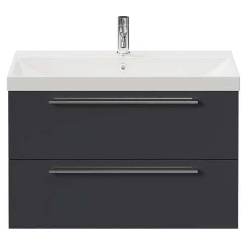 Napoli Gloss Grey 800mm Wall Mounted Vanity Unit with 1 Tap Hole Slim Edge Basin and 2 Drawers with Chrome Handles View from Front