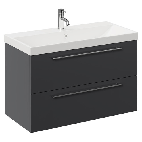 Napoli Gloss Grey 800mm Wall Mounted Vanity Unit with 1 Tap Hole Slim Edge Basin and 2 Drawers with Chrome Handles Left Hand View