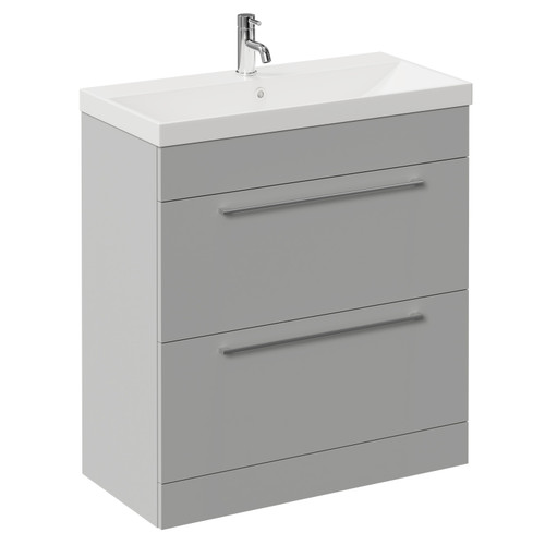Napoli Gloss Grey Pearl 800mm Floor Standing Vanity Unit with 1 Tap Hole Slim Edge Basin and 2 Drawers with Chrome Handles Left Hand View