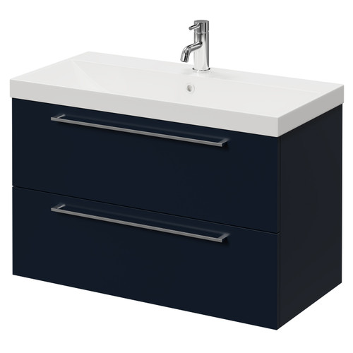 Napoli Deep Blue 800mm Wall Mounted Vanity Unit with 1 Tap Hole Slim Edge Basin and 2 Drawers with Chrome Handles Right Hand View