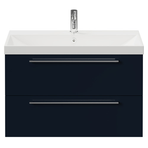 Napoli Deep Blue 800mm Wall Mounted Vanity Unit with 1 Tap Hole Slim Edge Basin and 2 Drawers with Chrome Handles View from Front