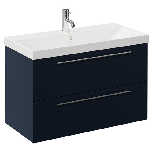 Napoli Deep Blue 800mm Wall Mounted Vanity Unit with 1 Tap Hole Slim Edge Basin and 2 Drawers with Chrome Handles Left Hand View