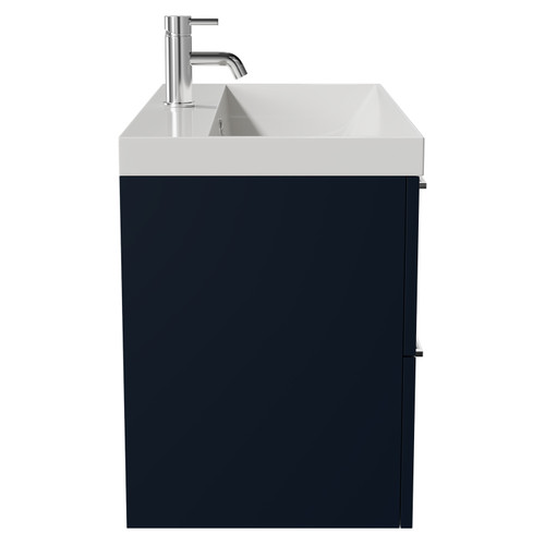 Napoli Deep Blue 800mm Wall Mounted Vanity Unit with 1 Tap Hole Slim Edge Basin and 2 Drawers with Chrome Handles View from Side
